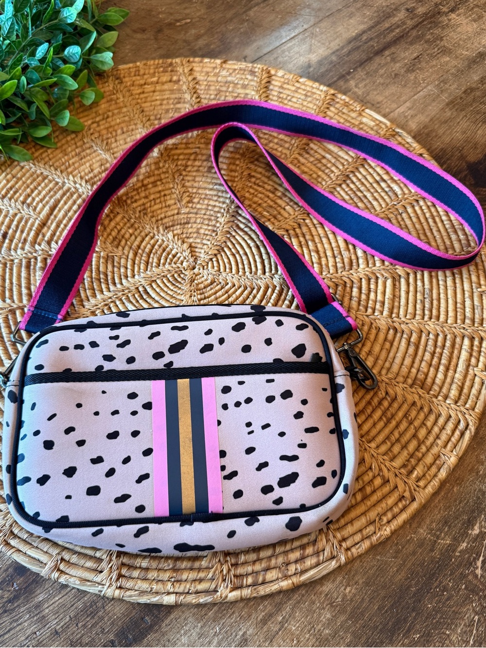 Tan with Animal Print Spotted Details Crossbody Bag with Bold Stripes